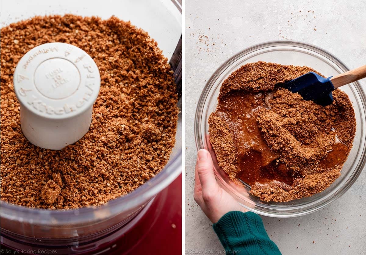 biscoff cookie and pecan crumbs in food processor and shown again in a bowl with wet ingredients added.