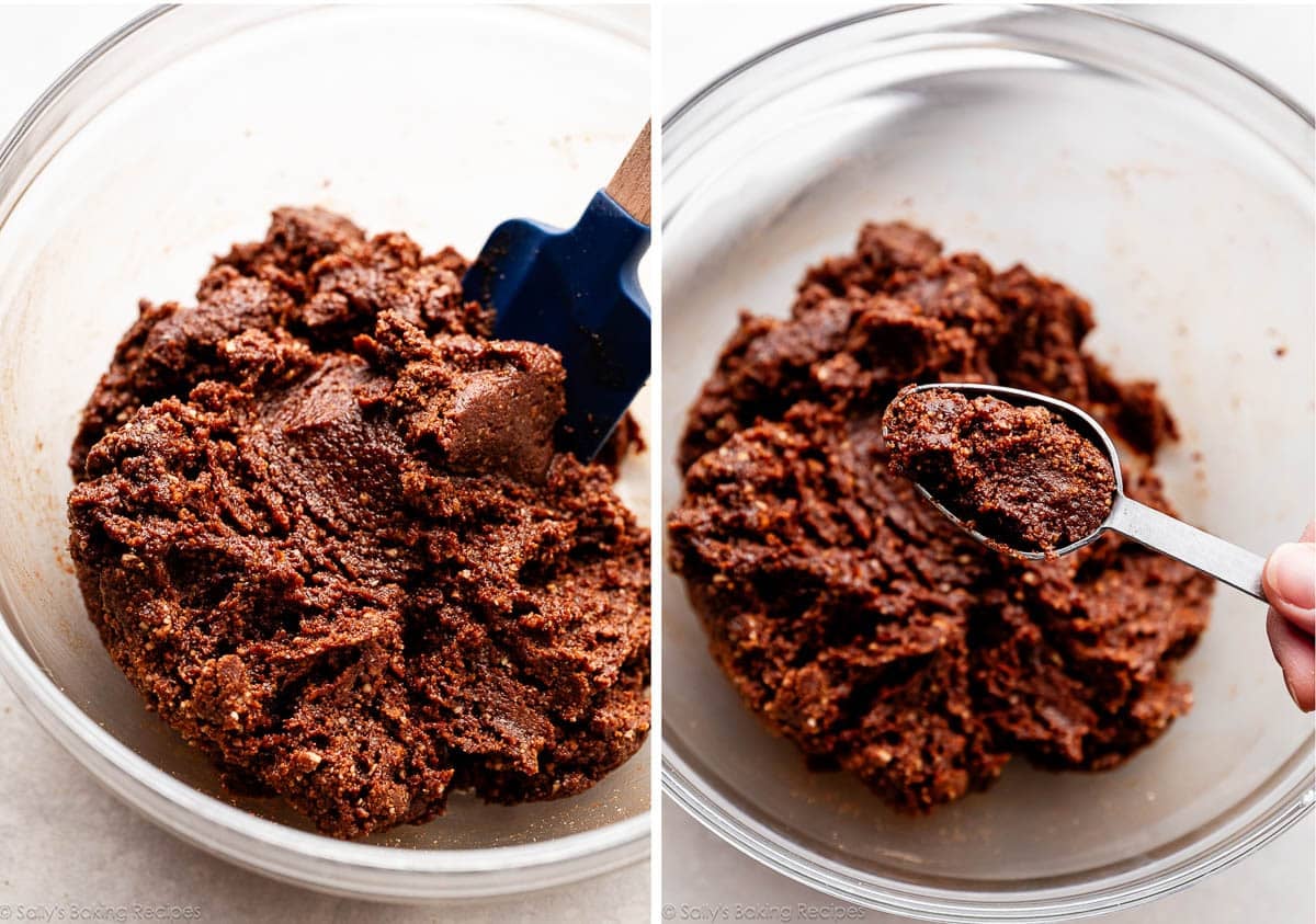 wet dough mixture in glass bowl with blue spatula and shown again with a Tablespoon measure.