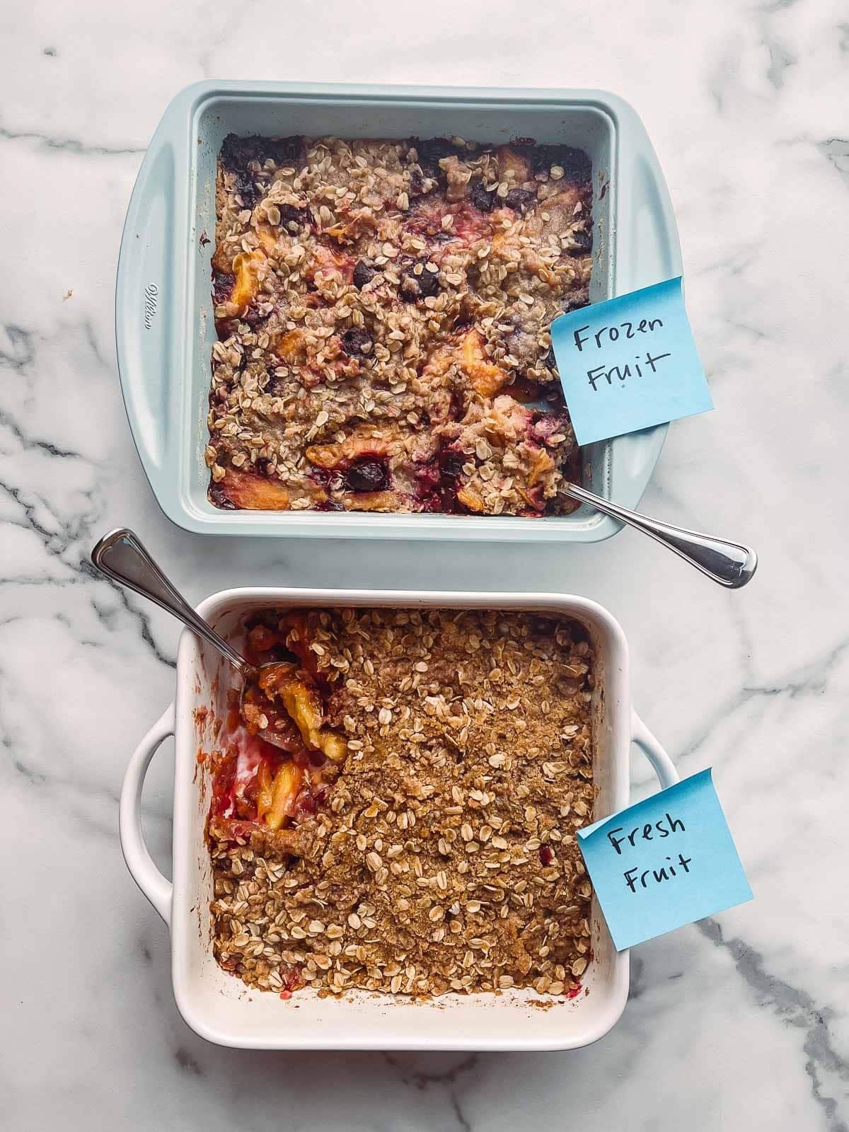 2 fruit crisps with different toppings and notes on top depicting which was made with frozen fruit and which was made with fresh.