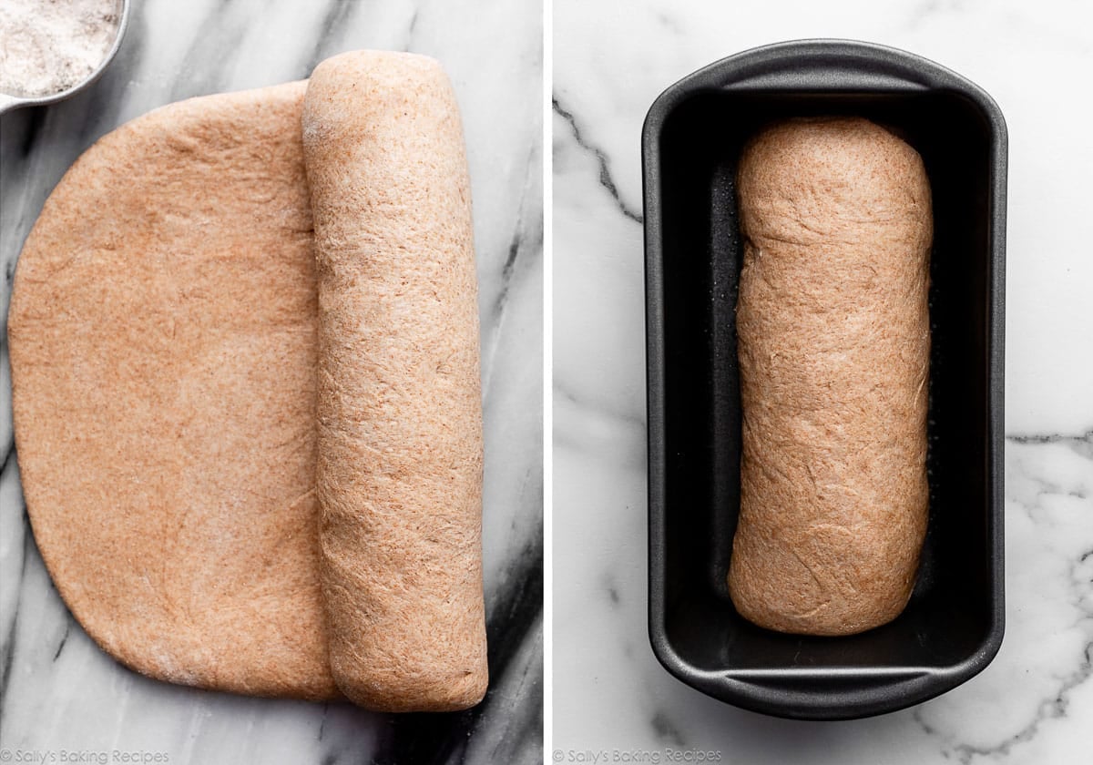 whole wheat dough being rolled up and shown again in loaf pan.