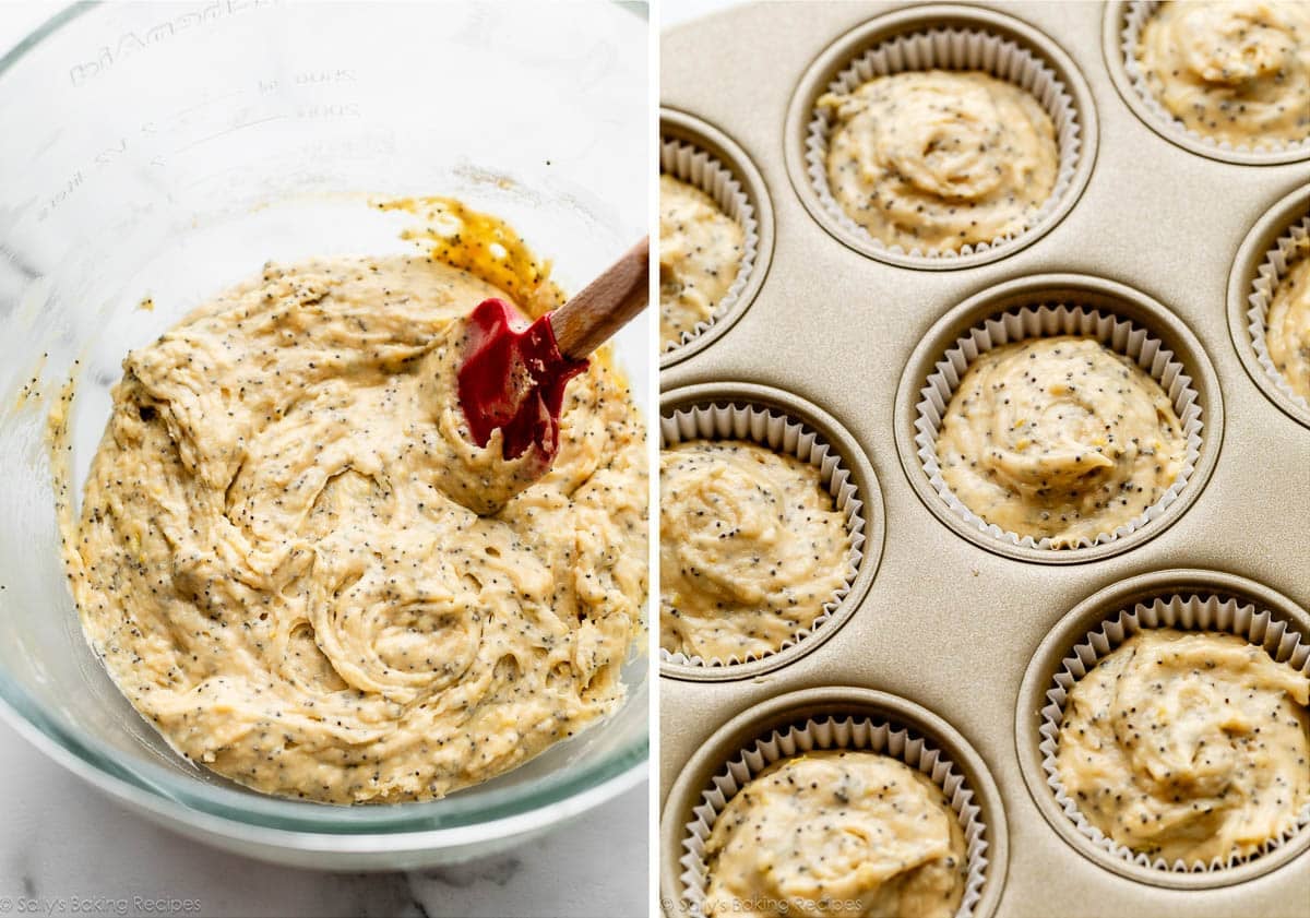 yellow batter in glass bowl and divided into muffin liners.