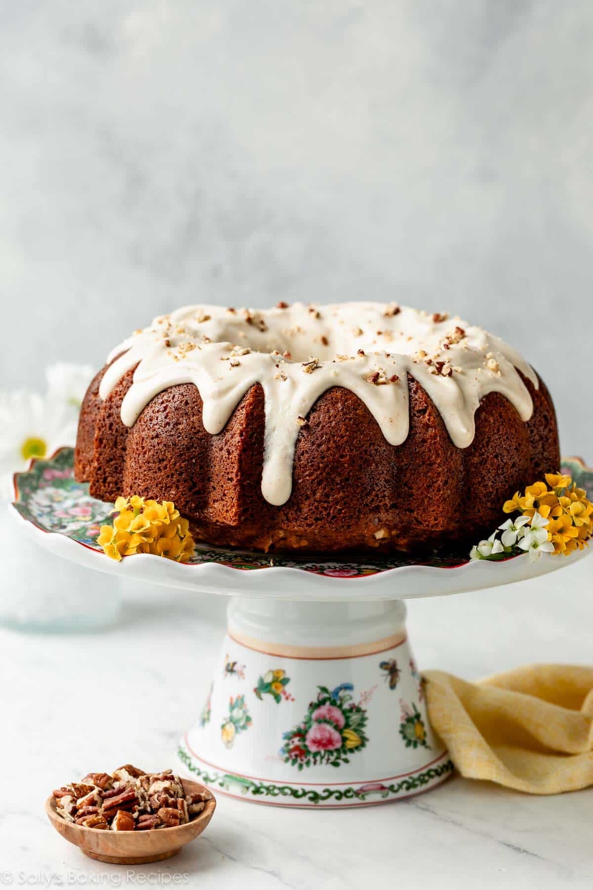 Hummingbird Bundt Cake on Cake Stand.