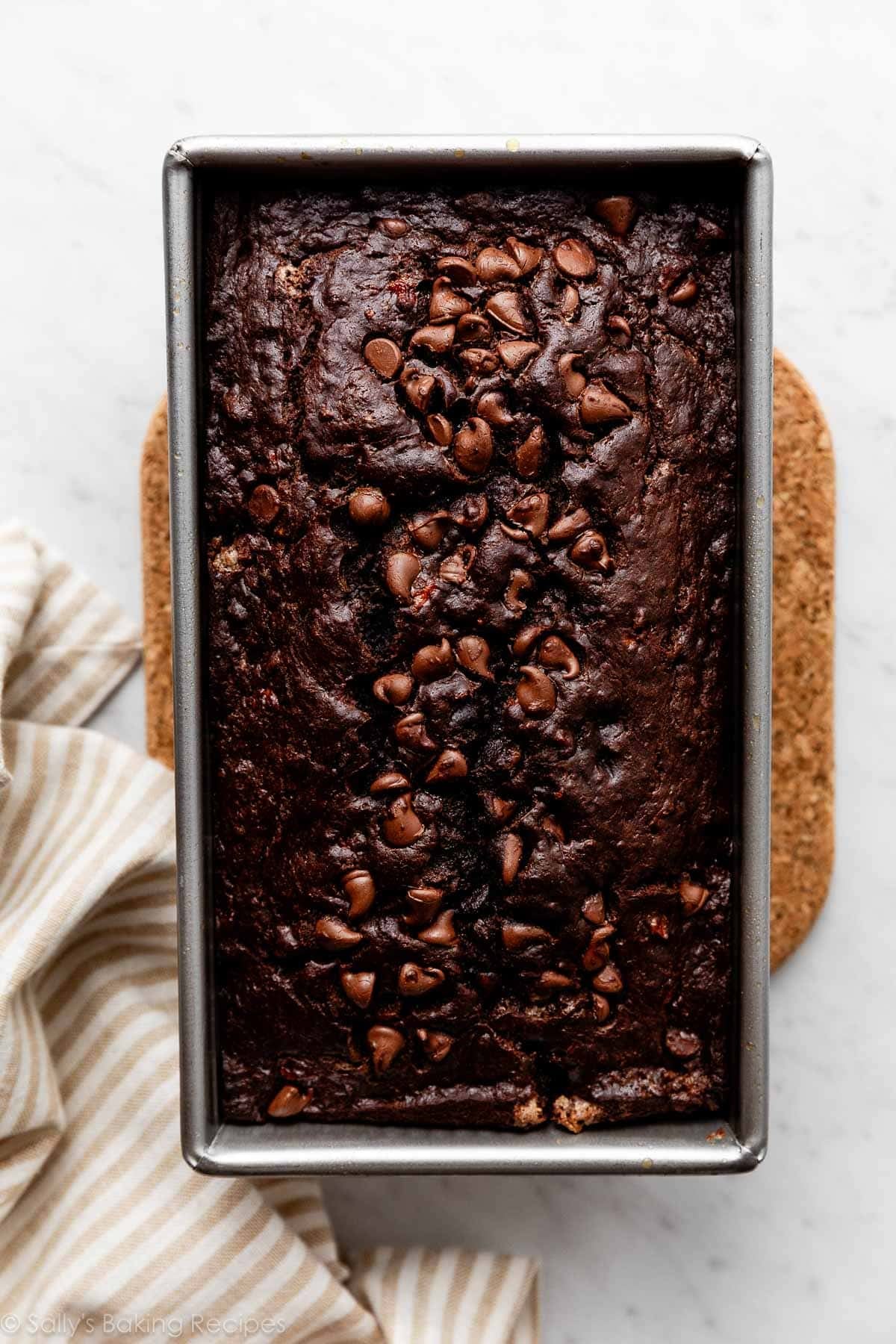 chocolate chip bread in loaf pan.