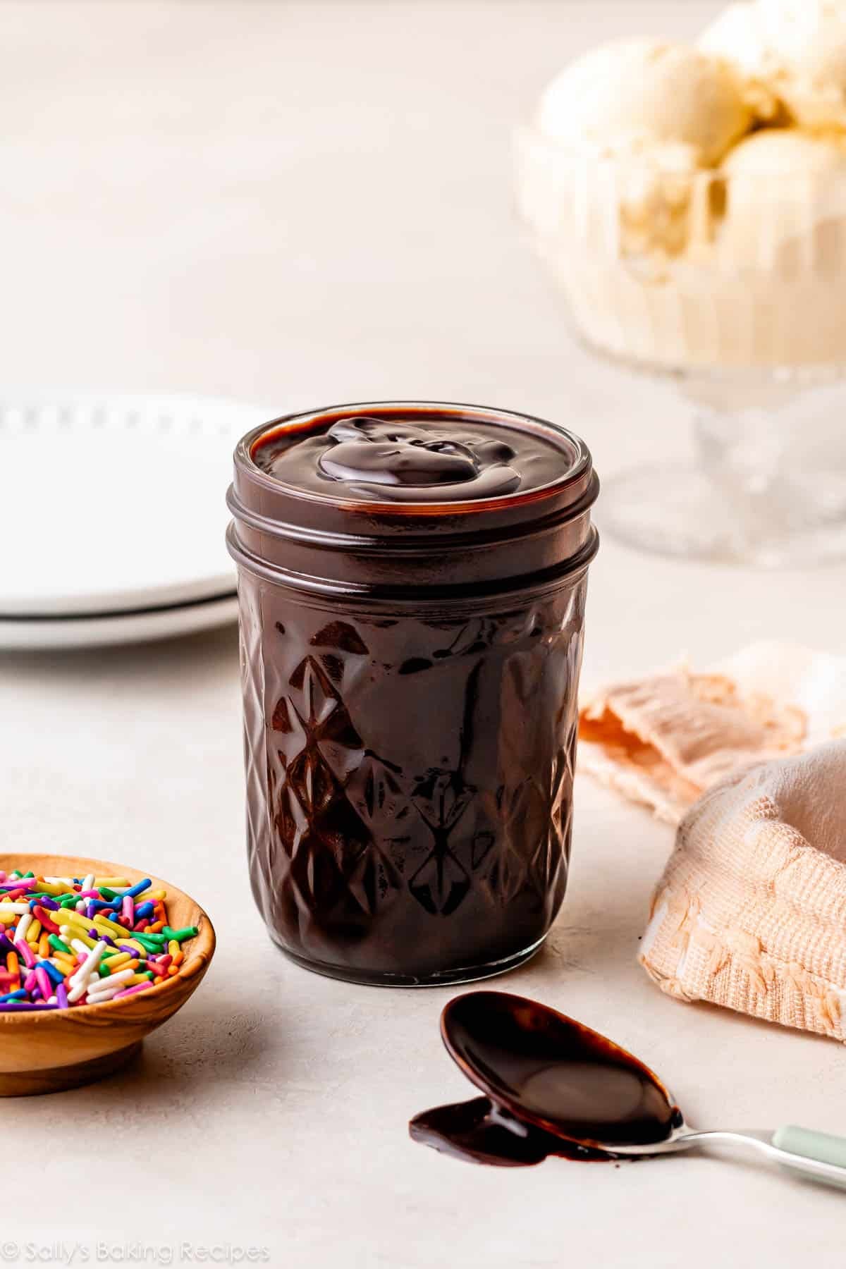 jar of homemade hot fudge chocolate sauce.