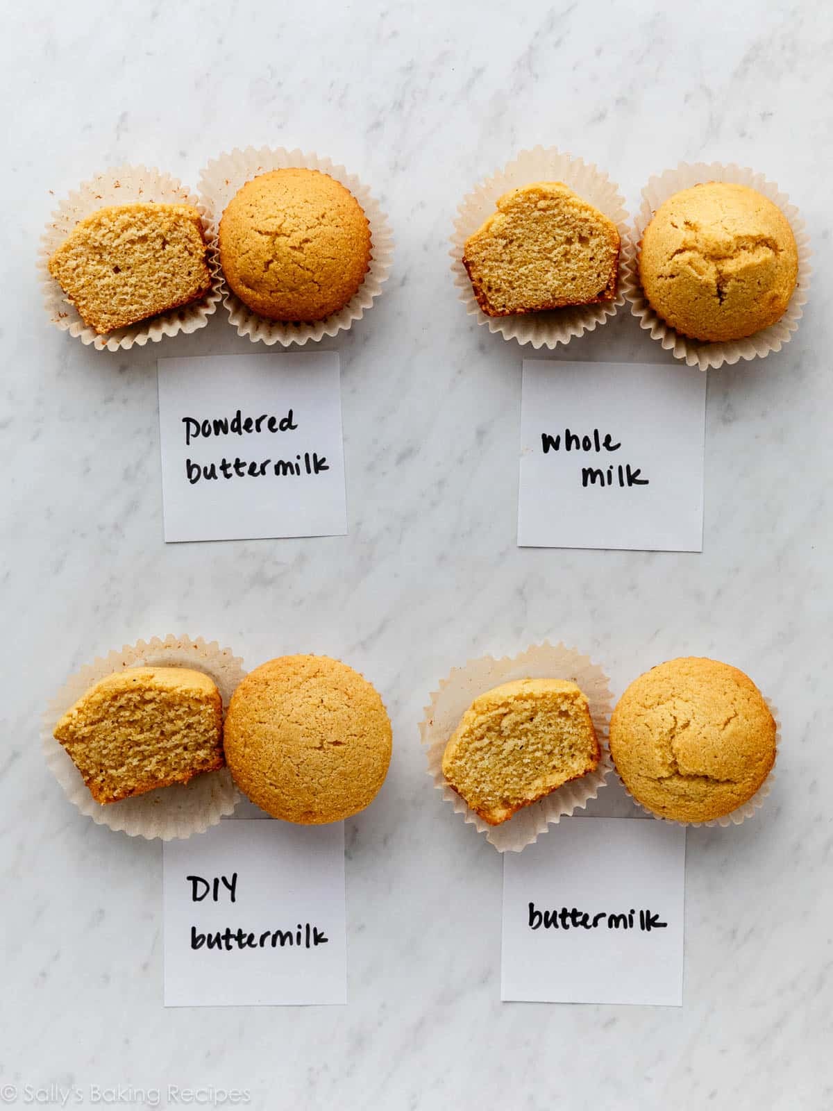 4 cornbread muffins comparing different buttermilk options.