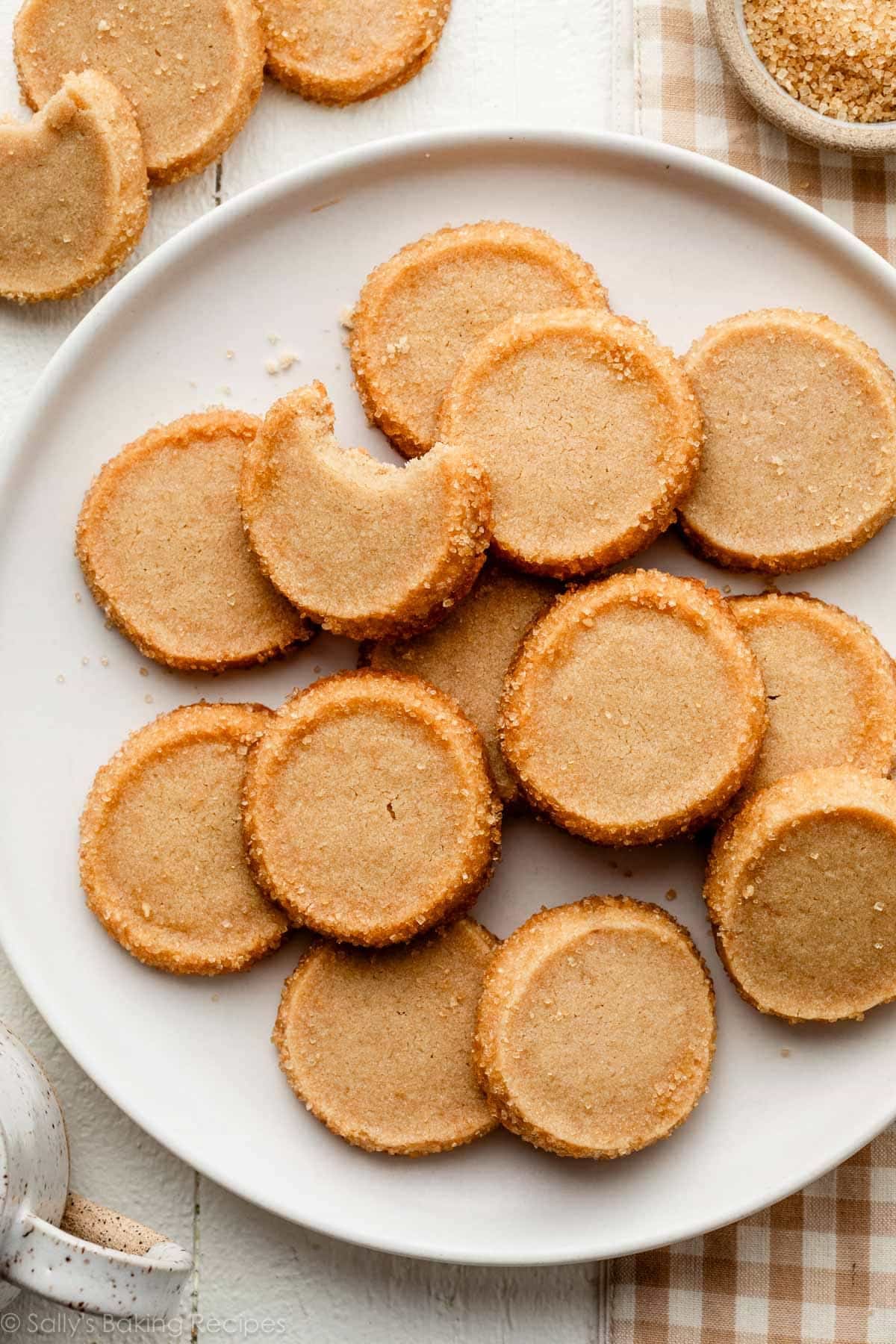 brown sugar shortbread cookies on white plate.