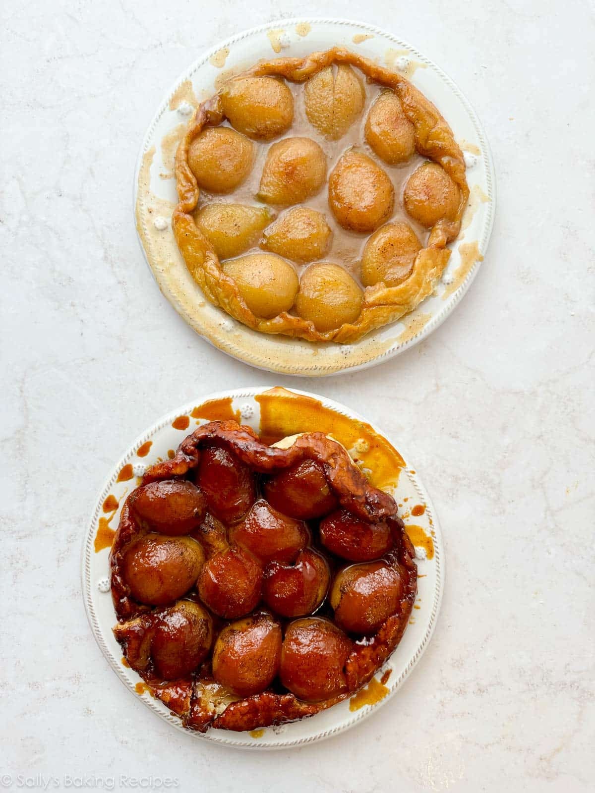 under-baked and burnt pear tarte tatins.