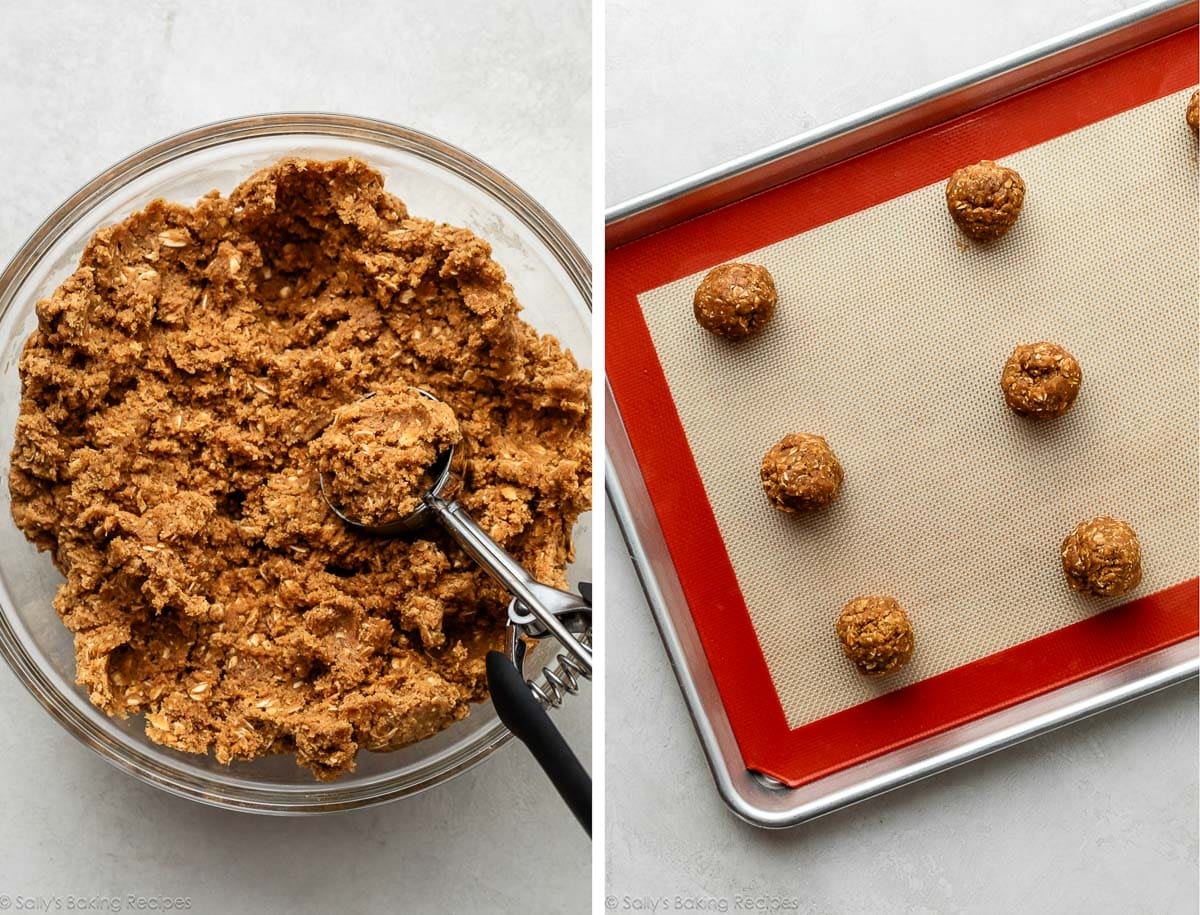 gingerbread oatmeal cookie dough in a bowl and shown again portioned into dough balls on lined baking sheet.