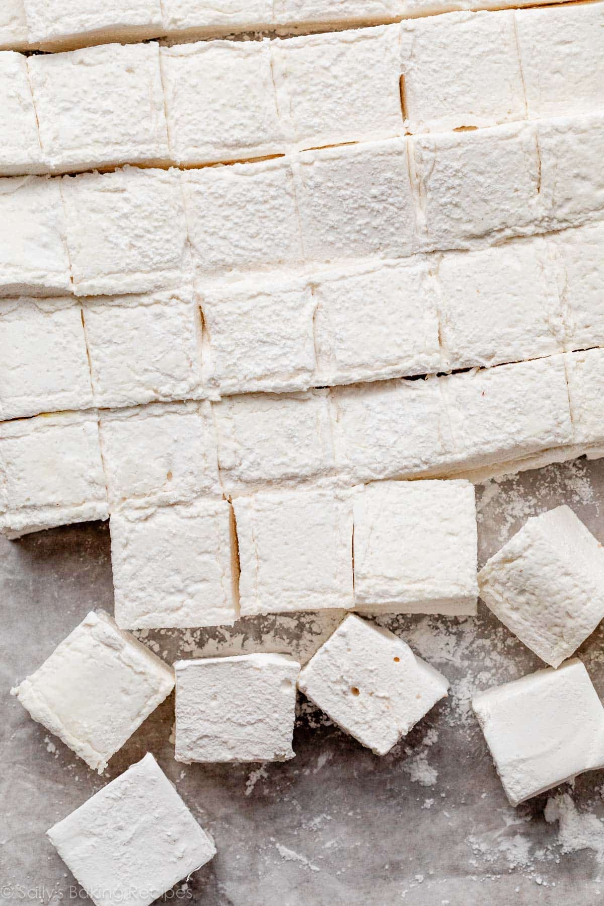 overhead photo of marshmallows cut into squares.