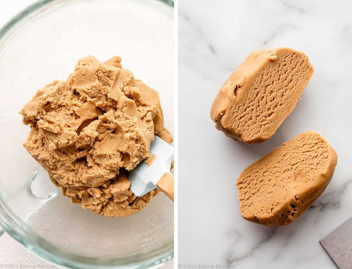 brown sugar cookie dough in glass bowl and shown again cut in half.