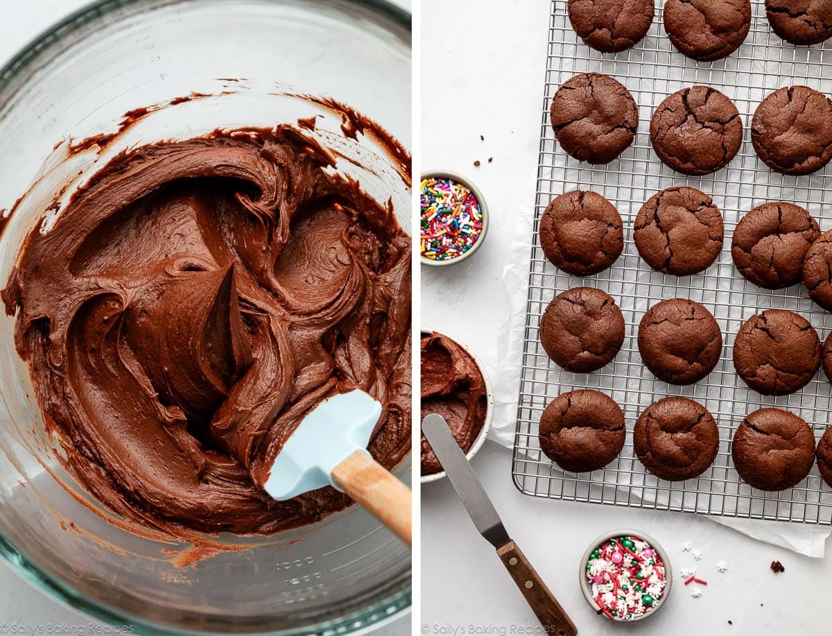 buttercream in glass bowl and another photo showing chocolate cookies on cooling rack.