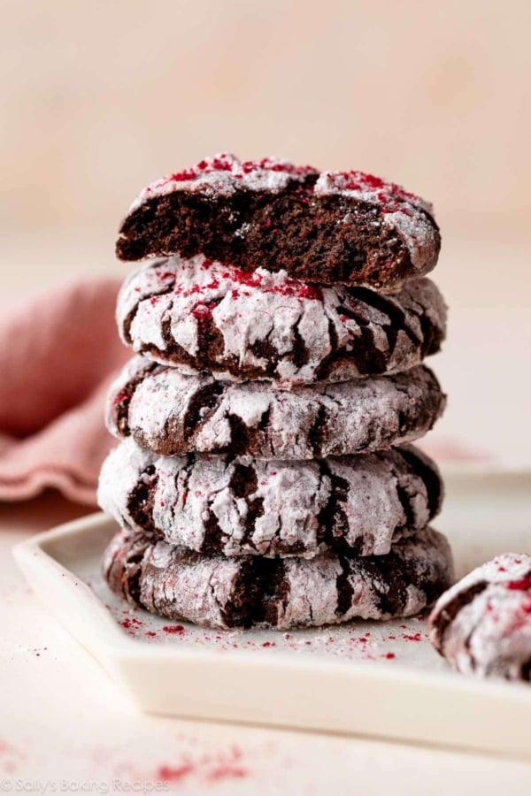 stack of chocolate raspberry crinkle cookies.