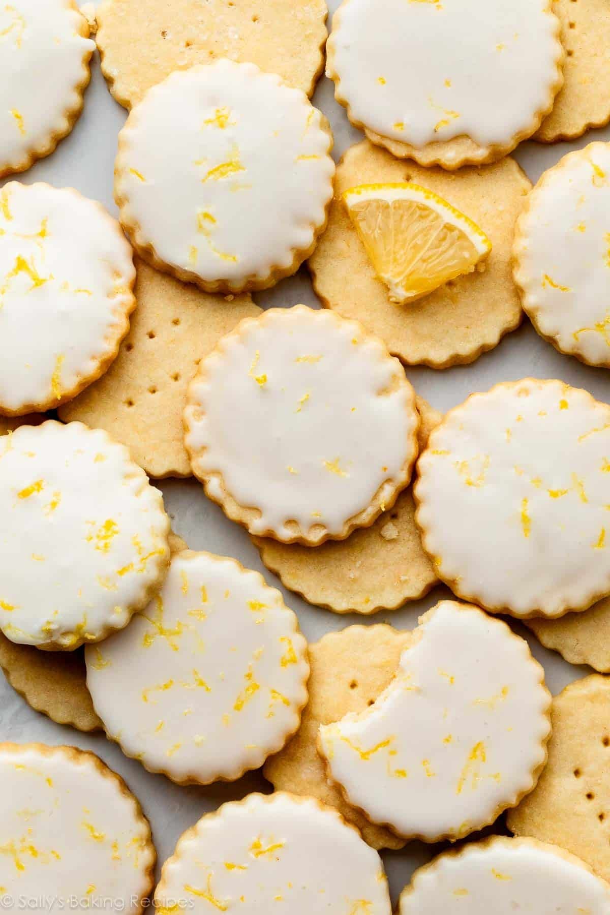 overhead photo of lemon shortbread with icing and lemon zest.