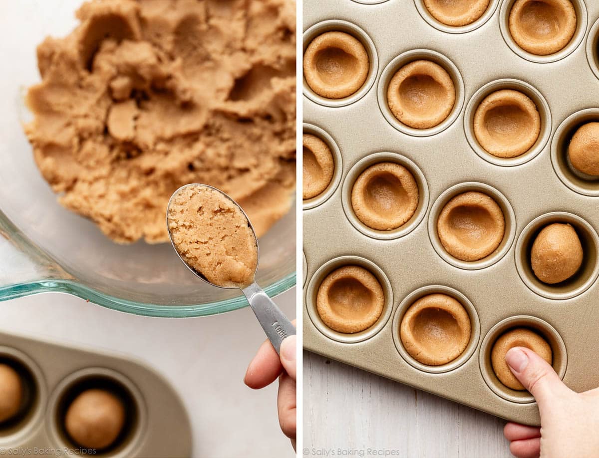 hand holding Tablespoon measuring spoon with cookie dough in it.