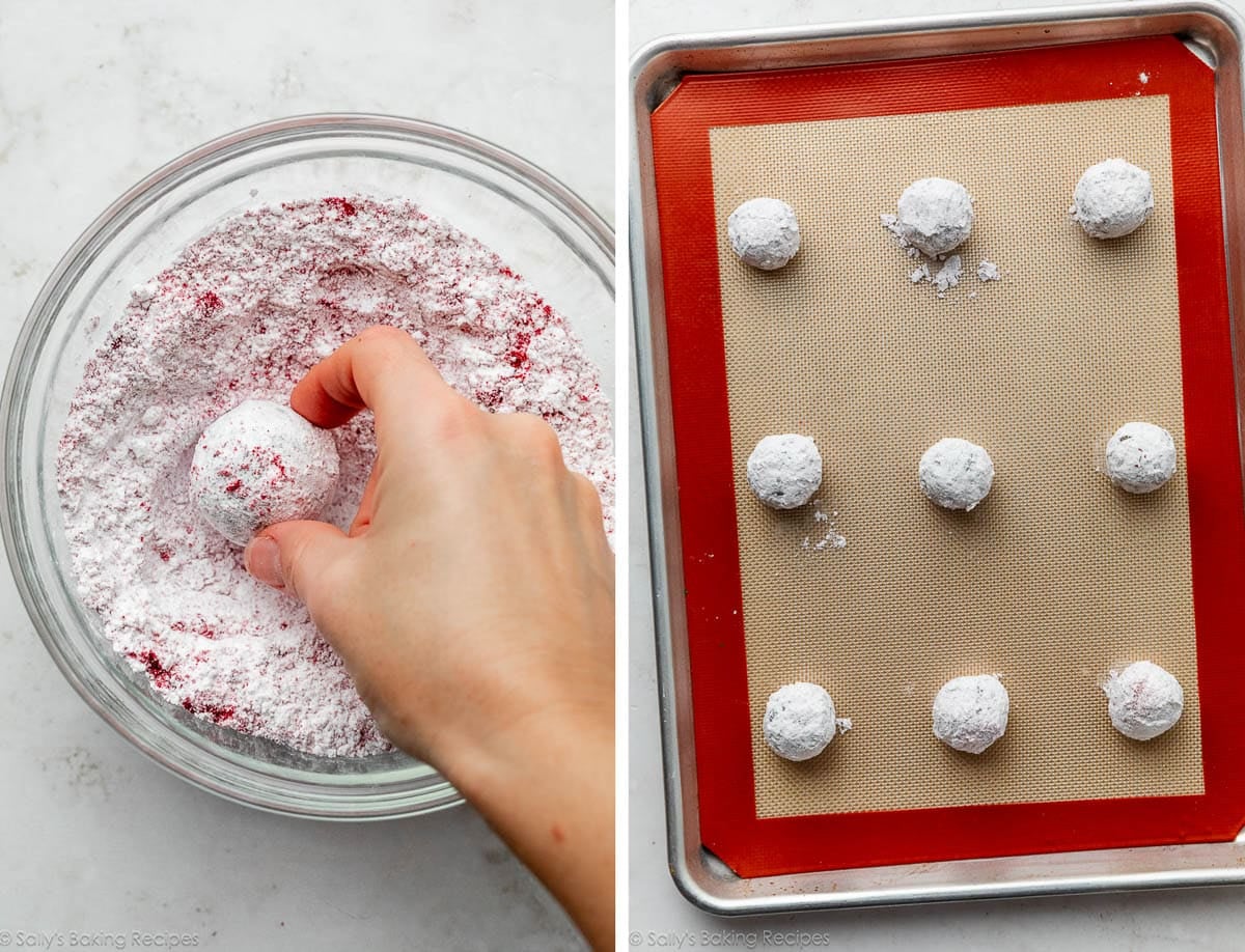 hand rolling dough ball in raspberry confectioners' sugar and another photo of coated dough balls on baking sheet.