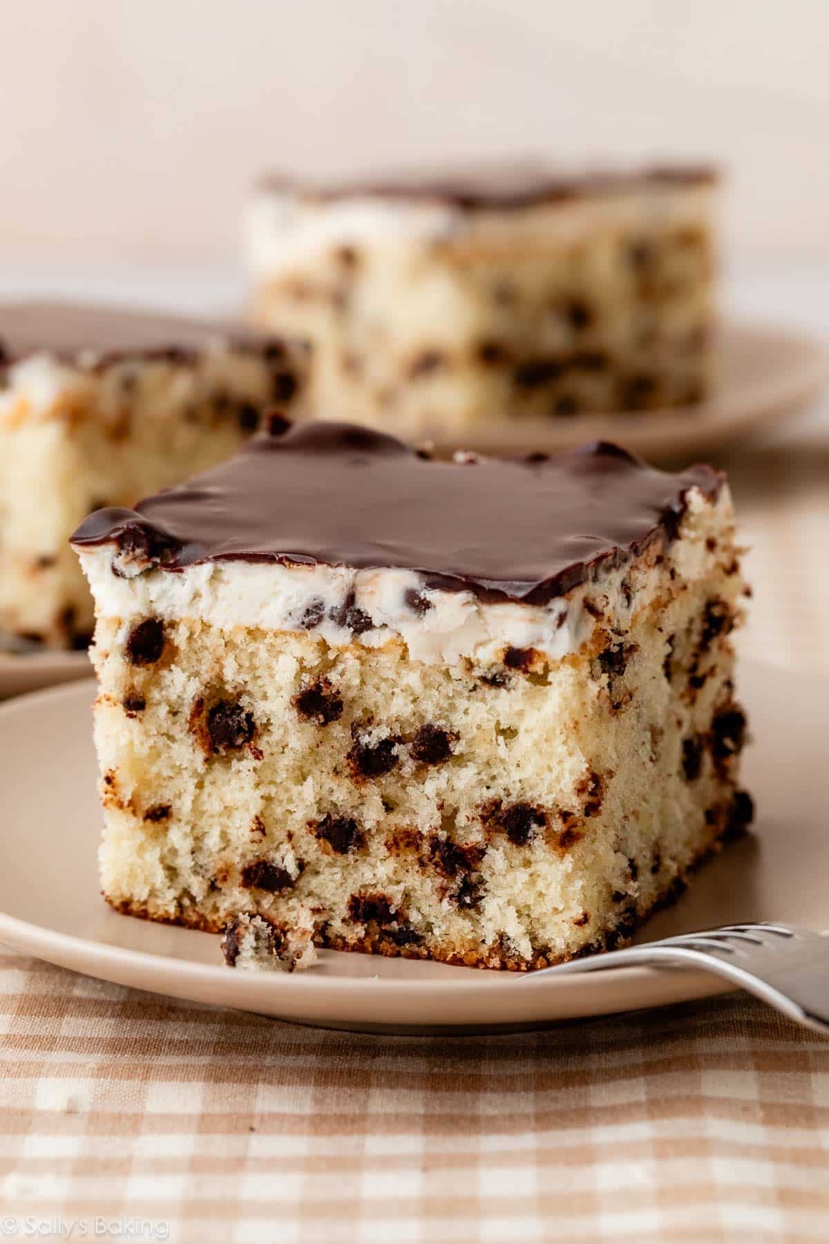slice of chocolate chip sheet cake with chocolate ganache.