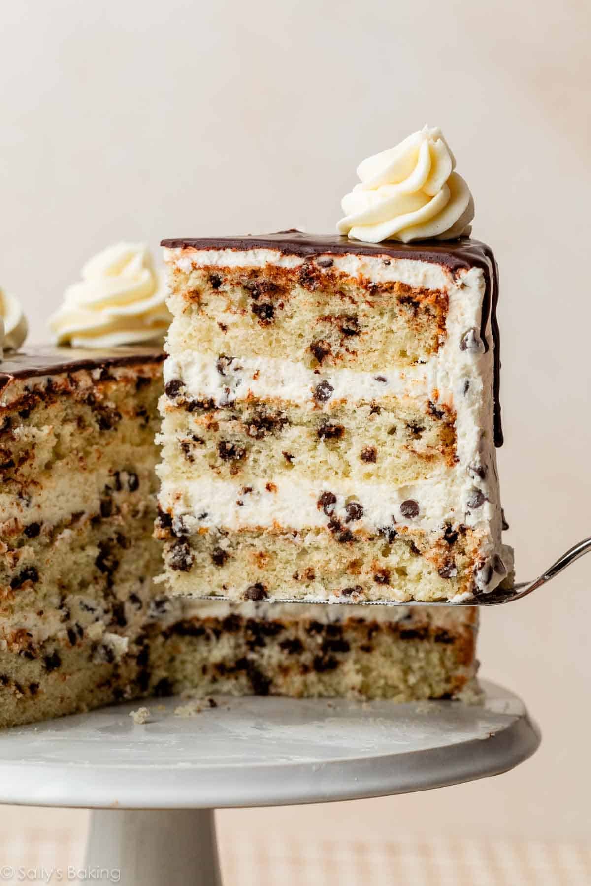 slice of chocolate chip layer cake with buttercream and a chocolate ganache drip.