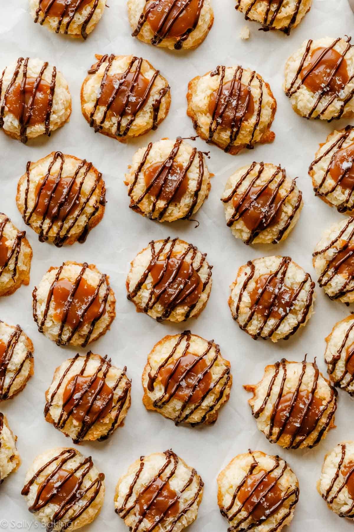 salted caramel coconut macaroon thumbprints with chocolate on top.