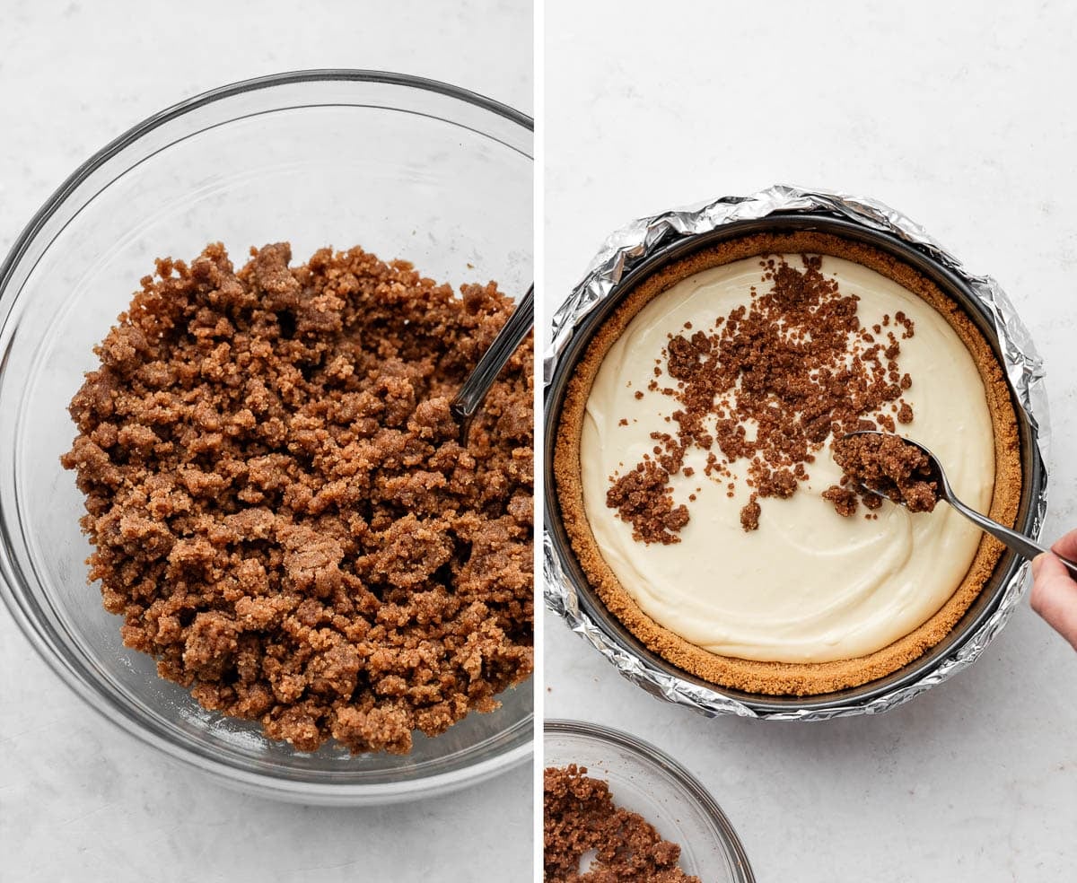 cinnamon swirl crumbs in bowl and shown again spooned on batter.