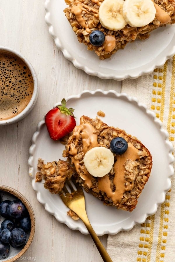 banana baked oatmeal on white plates.