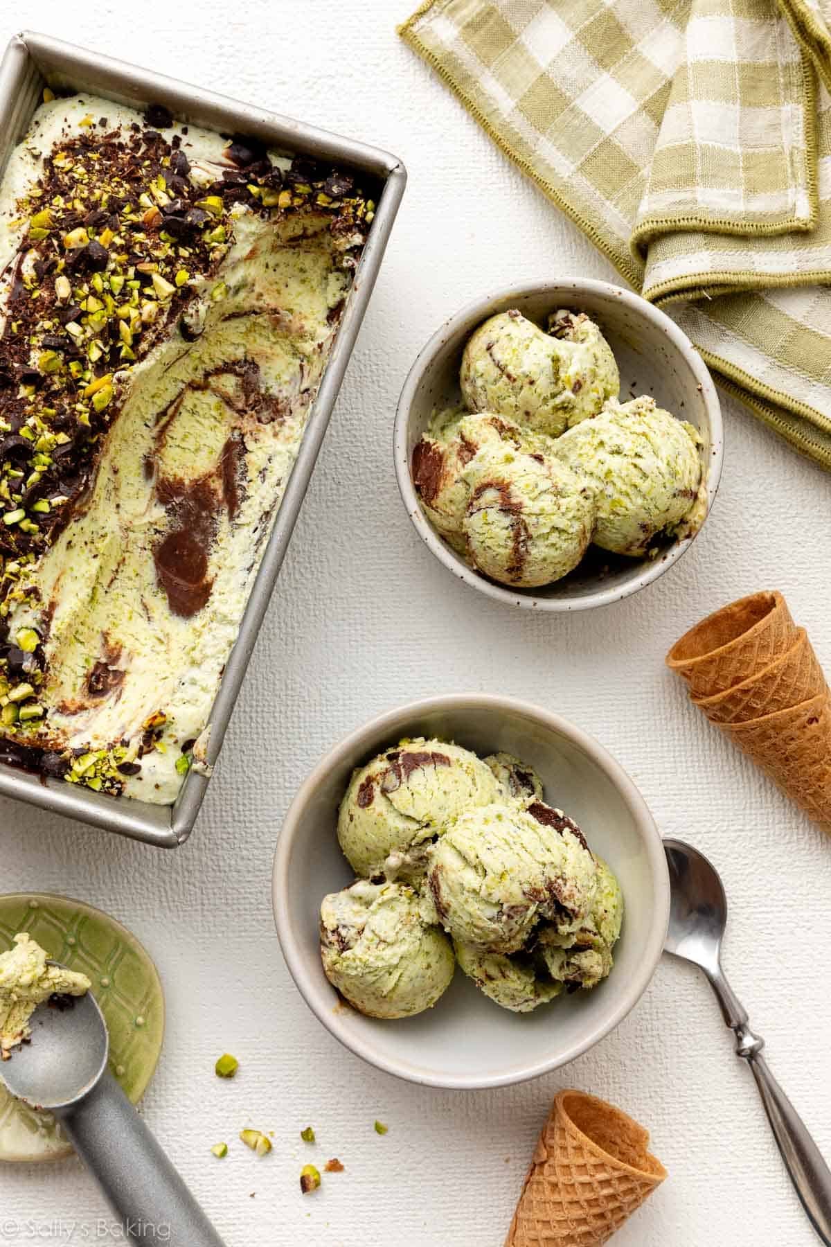 bowls of chocolate swirl pistachio ice cream.