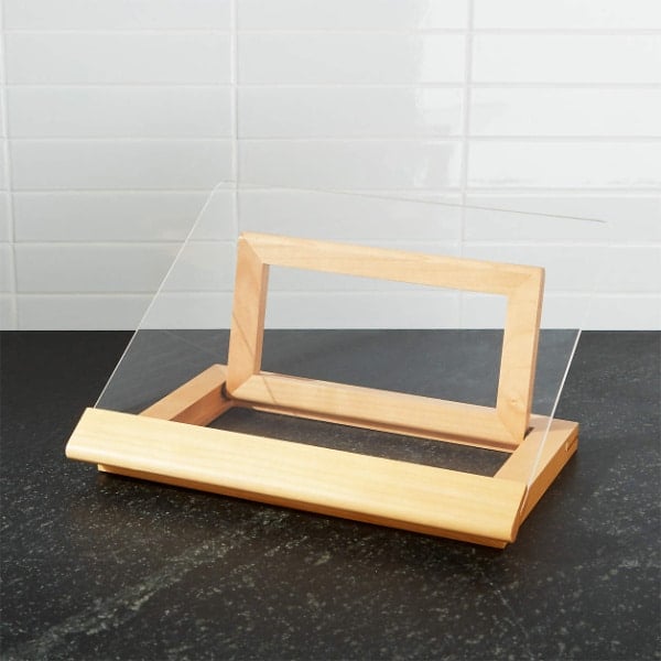 wood cookbook stand with shield.