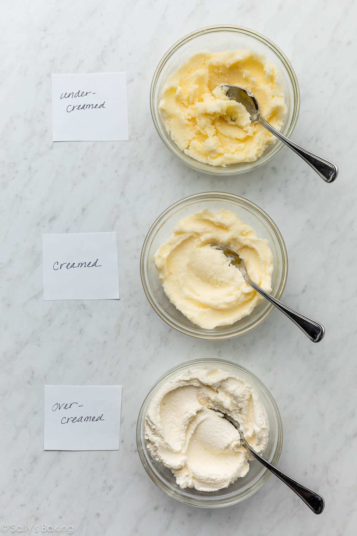 creamed butter and sugar in a glass bowls, showing under-creamed, perfectly creamed, and over-creamed.