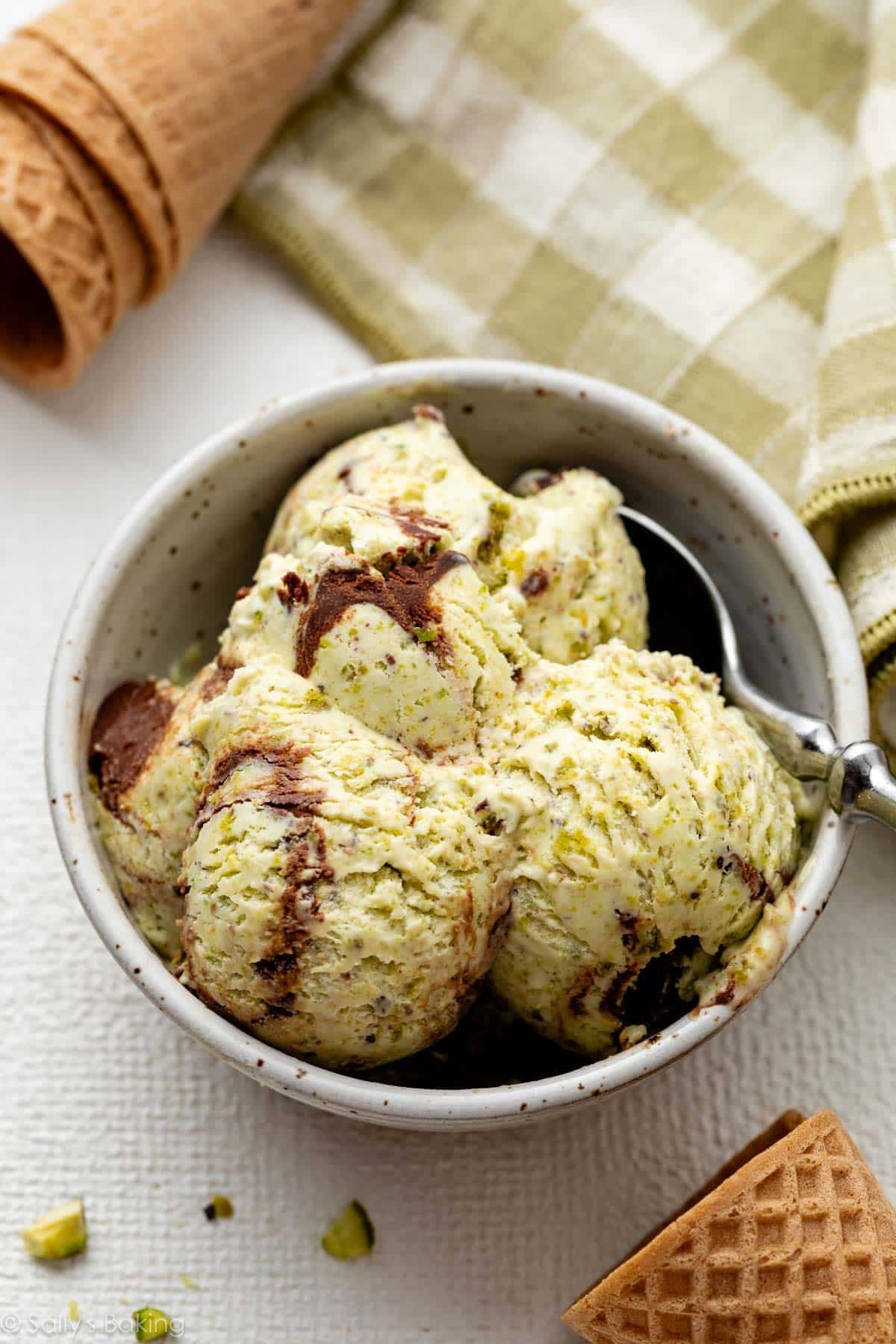 bowl of homemade no-churn pistachio ice cream.