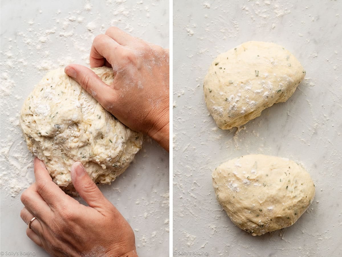 hands kneading dough and dough is shown again cut in half.