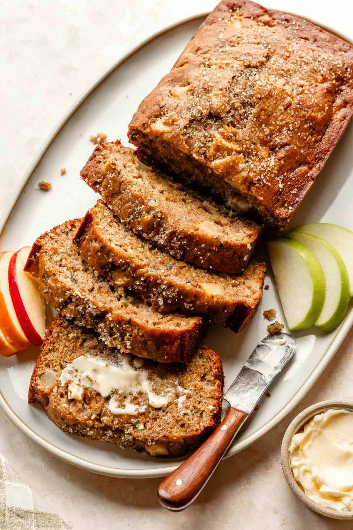 apple zucchini quick bread on platter.