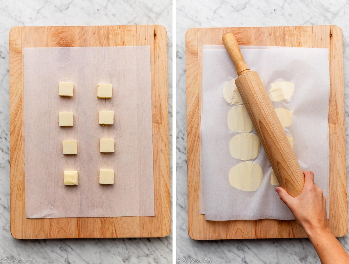 pats of butter and shown again being pounded by hand holding rolling pin.