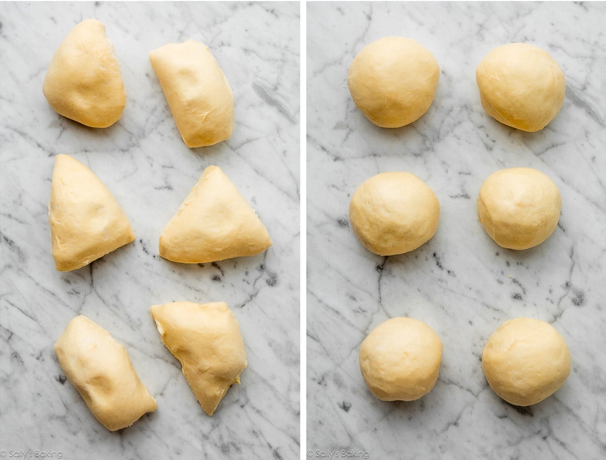 6 pieces of dough and shown again rolled into balls.