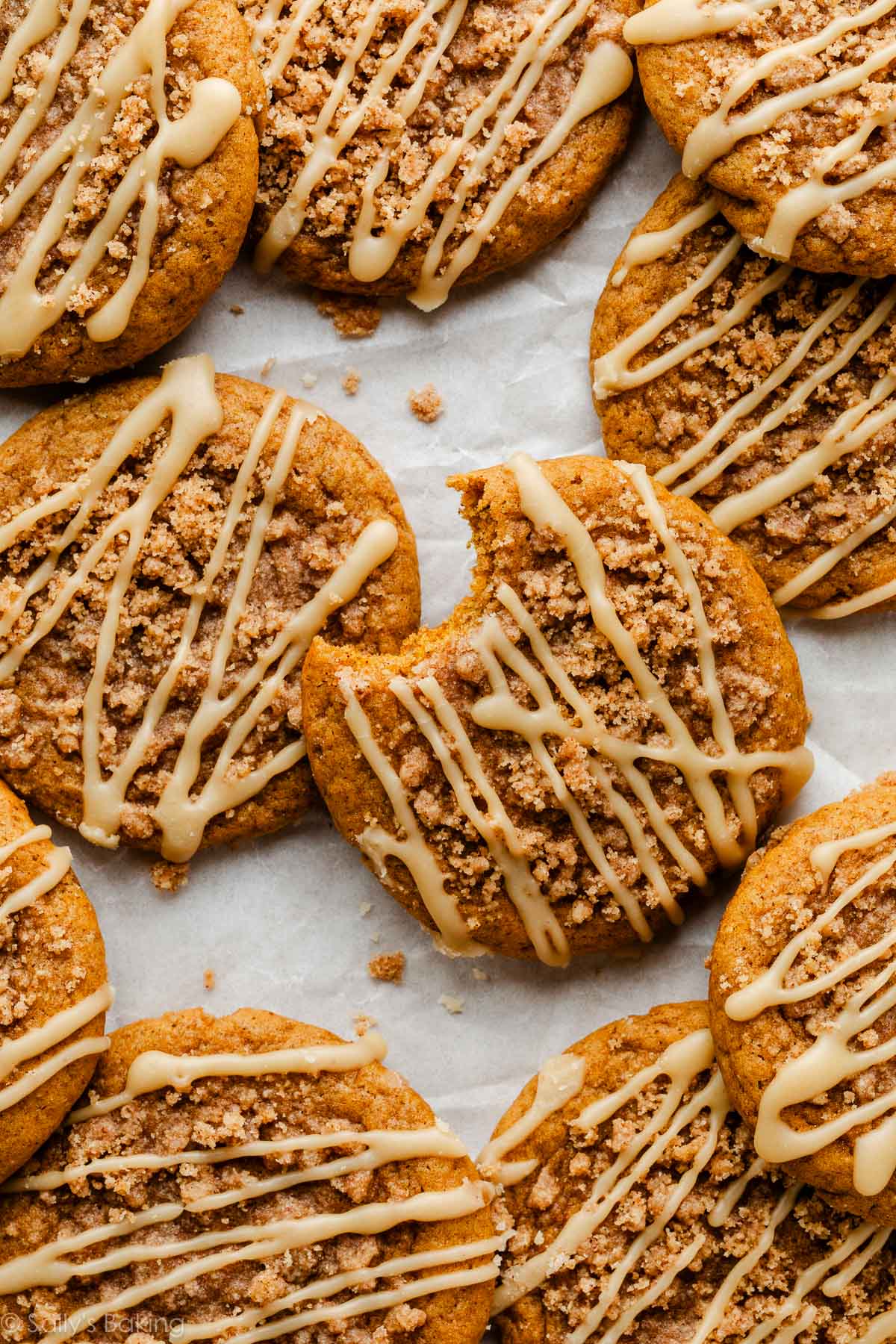pumpkin crumb cake cookies with maple icing.