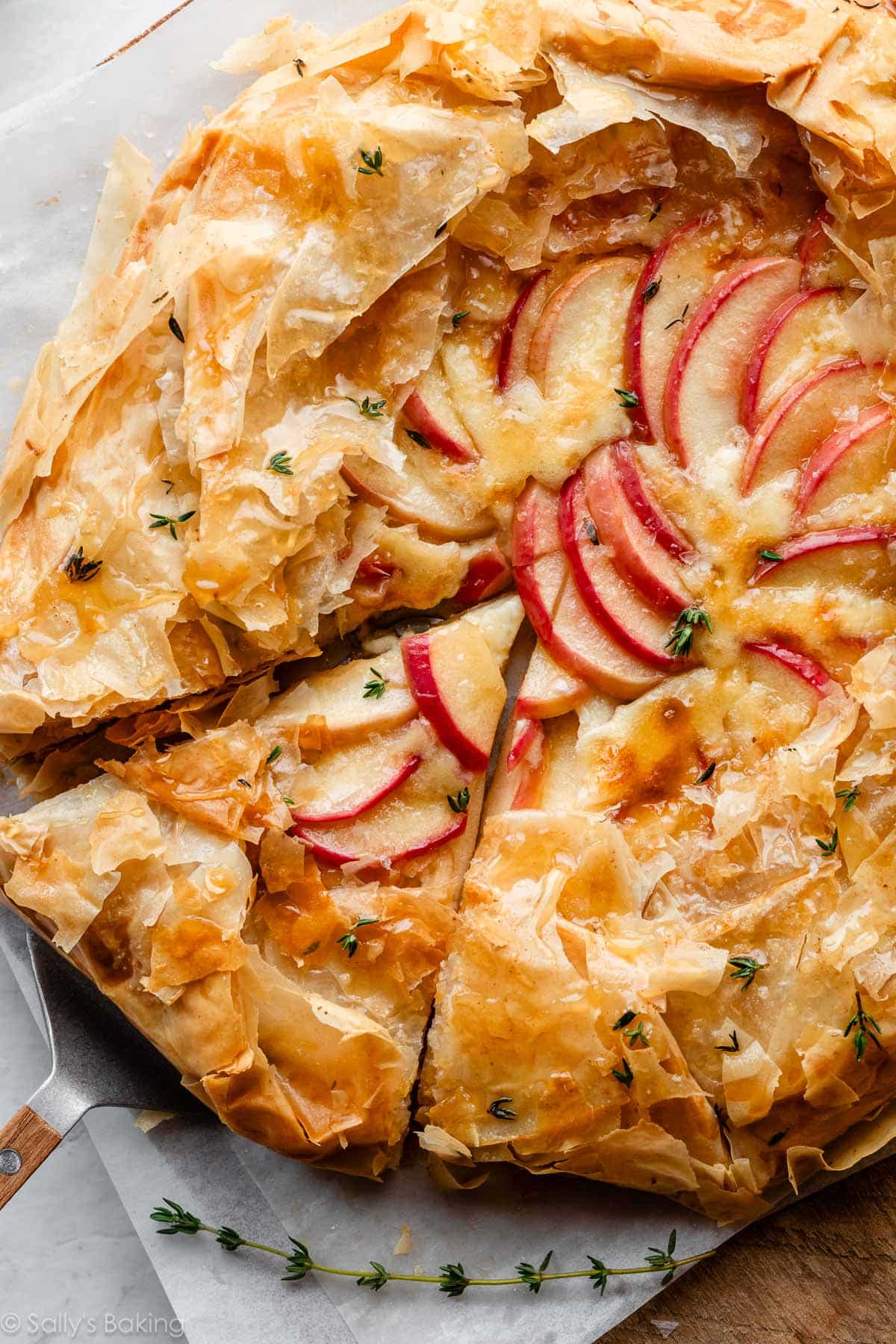 apple brie galette with phyllo crust and fresh thyme.