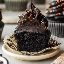 black velvet cupcake cut in half.