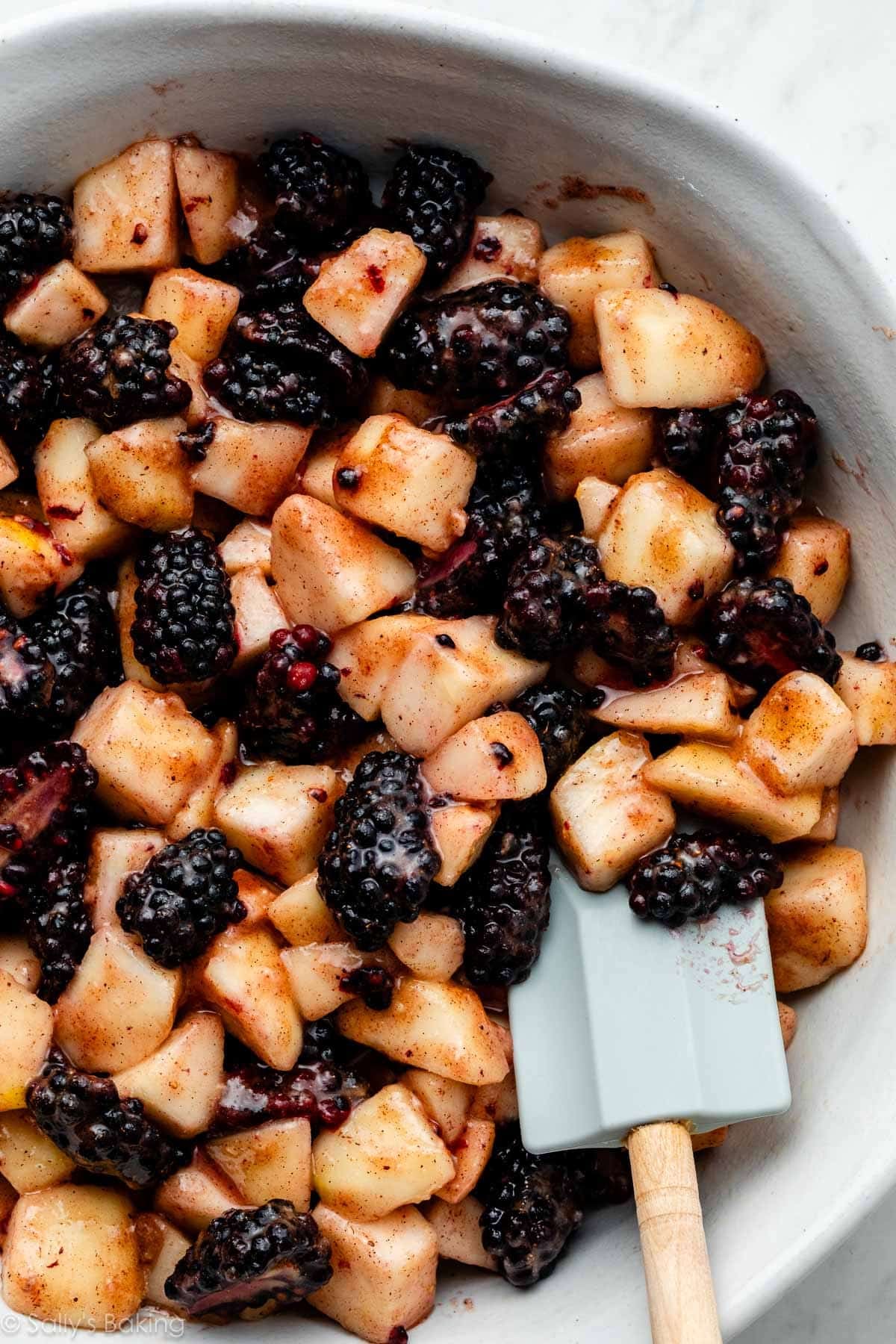 pears and blackberries in bowl.