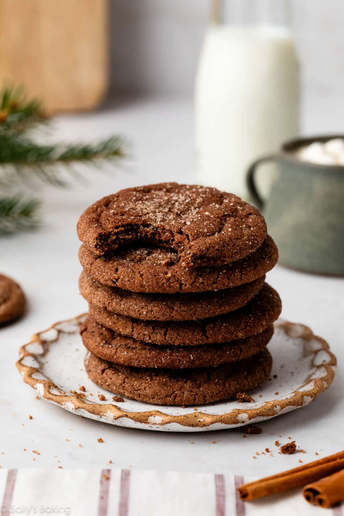 stack of chocolate snickerdoodle cookies.