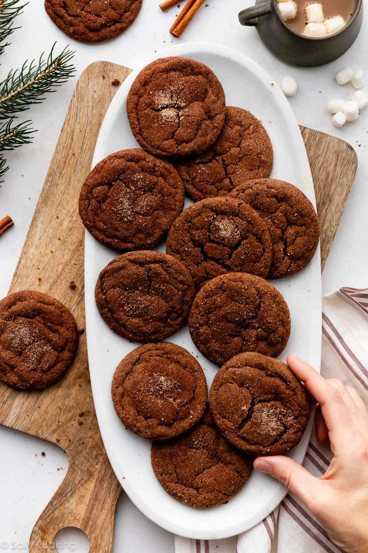 chocolate snickerdoodles on oval platter.