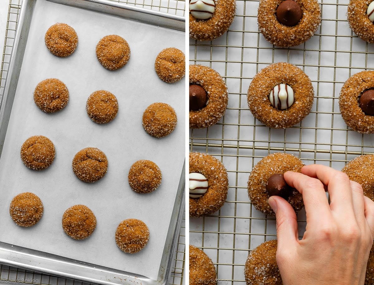 baked cookies and hand pressing Hershey's Kiss candy into one.
