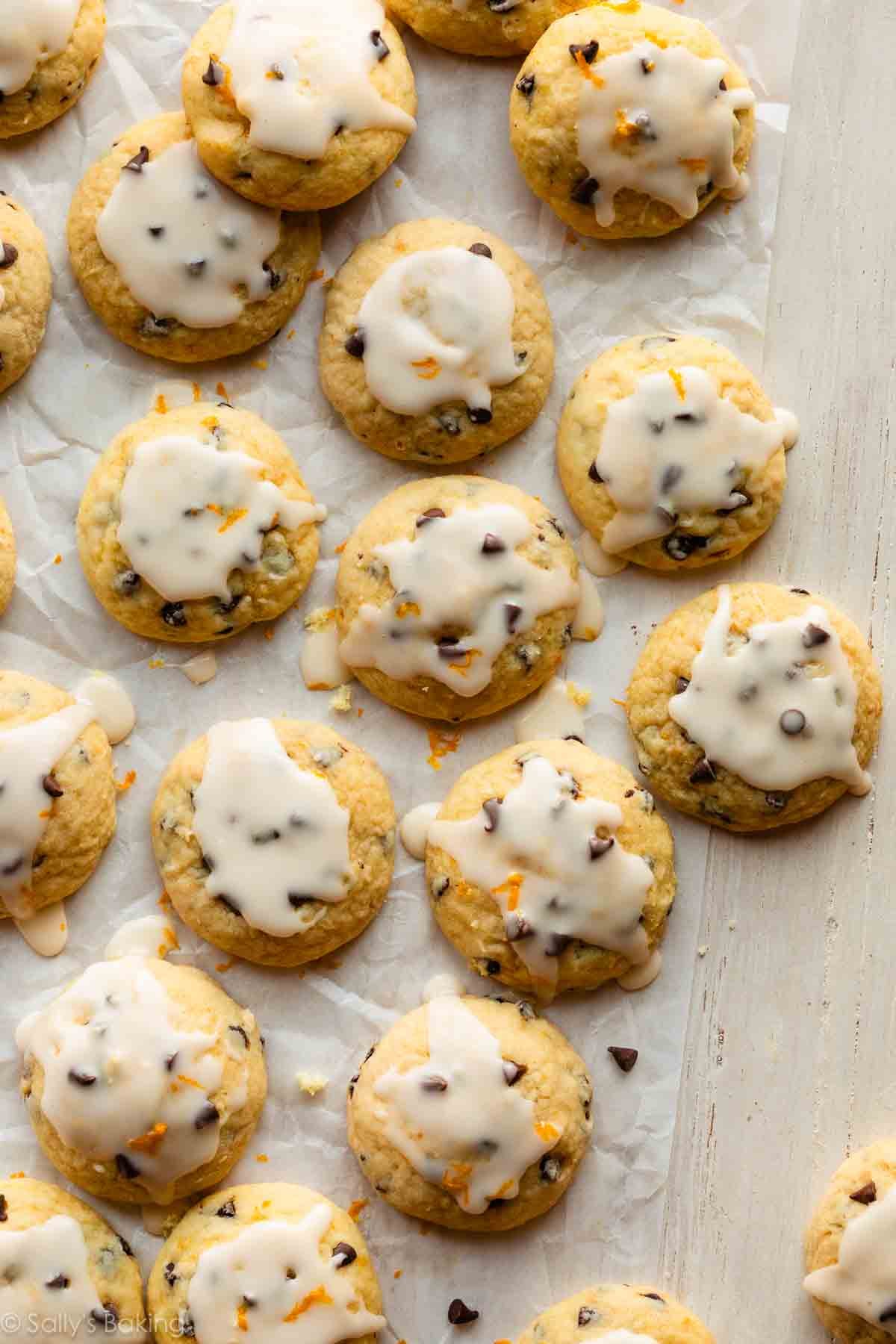 orange chocolate chip ricotta cookies with glaze.