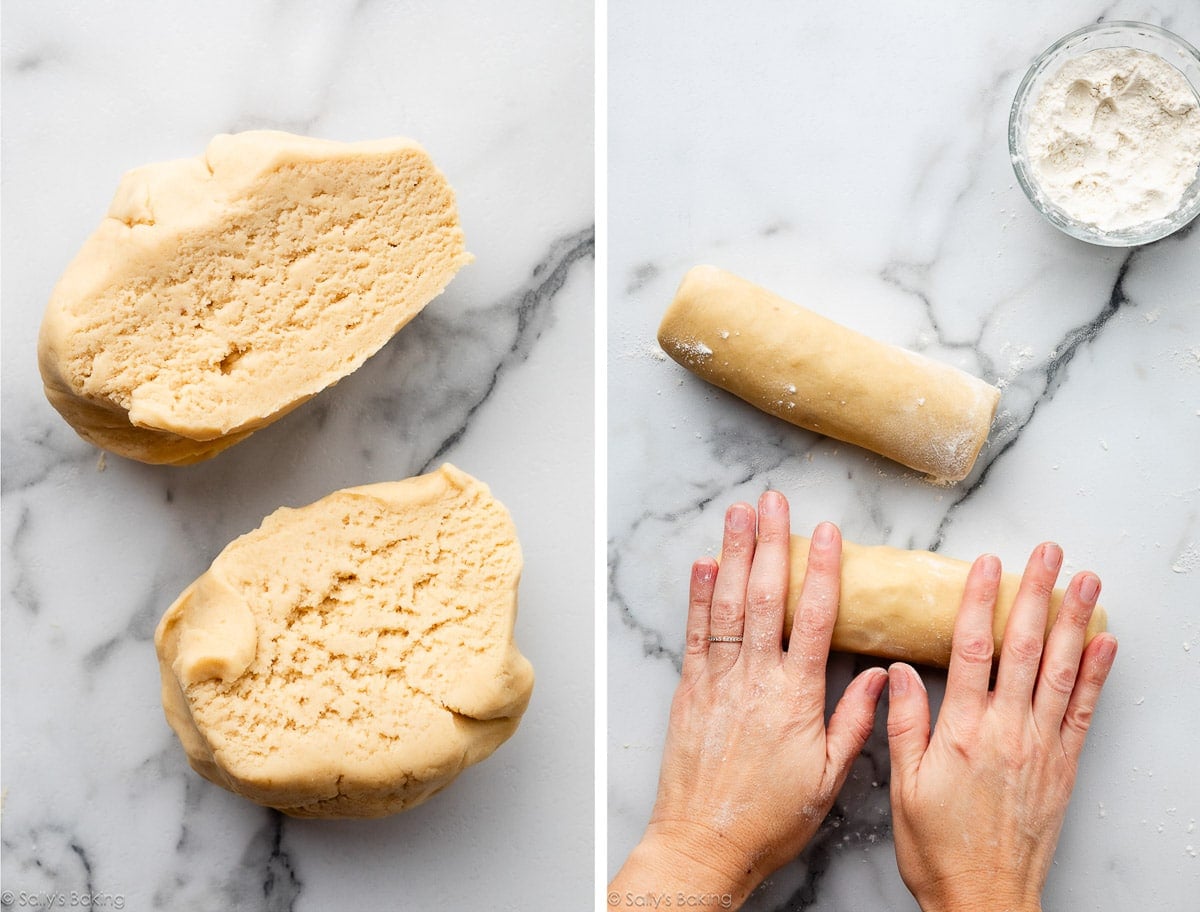 dough cut in half and hands rolling into logs.
