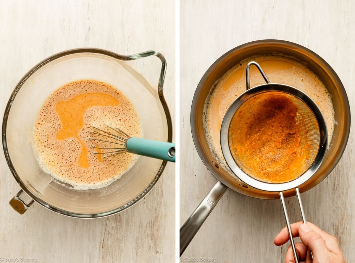 pastry cream mixture before thickening and shown again with a sieve.