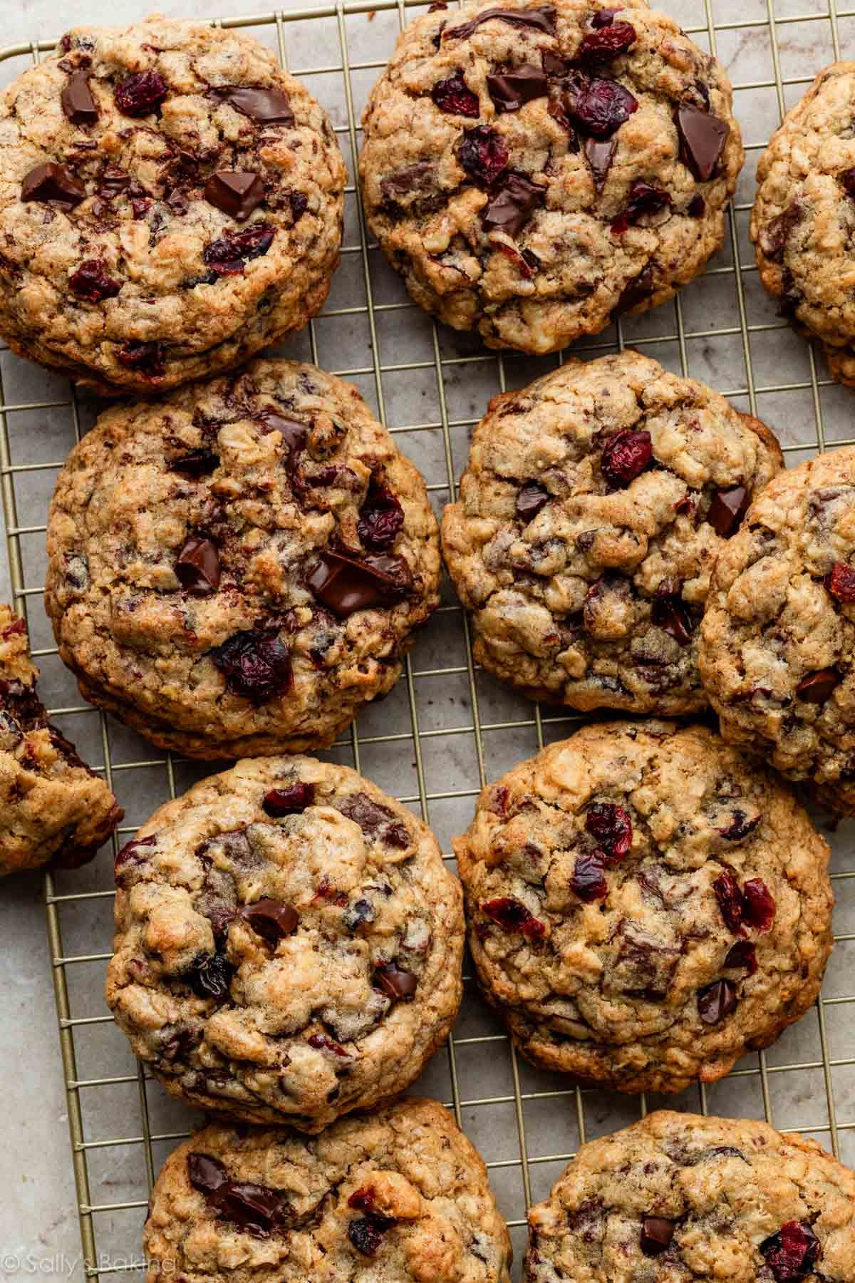 big fat dark chocolate cranberry oatmeal cookies on cooling rack.
