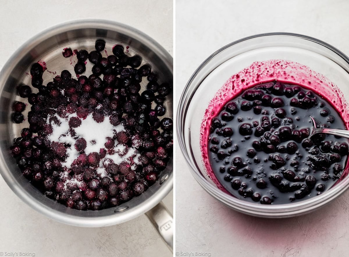 berries in saucepan and shown again cooked down in bowl.