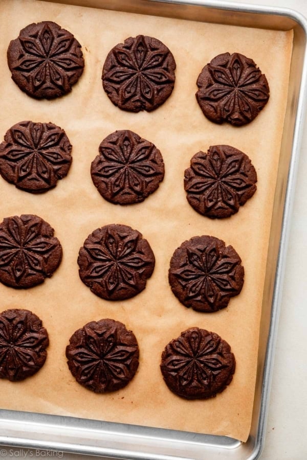 stamped chocolate cookies after baking.