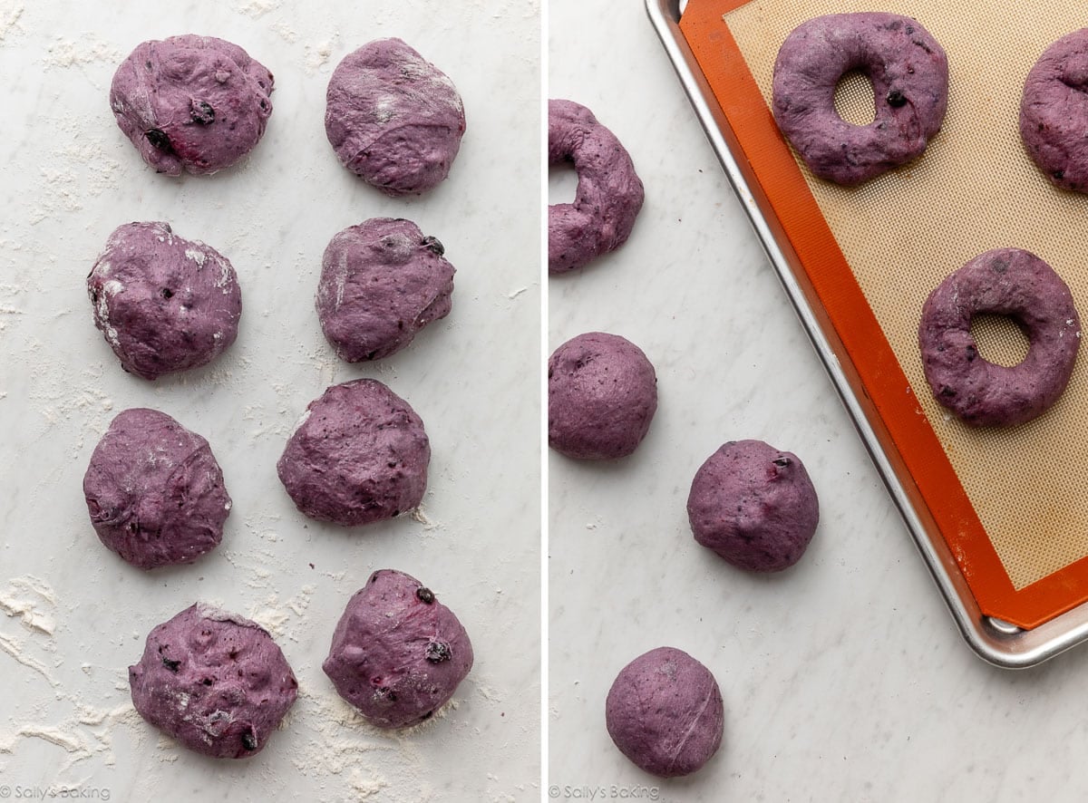 purple dough and shown again shaped as bagels.