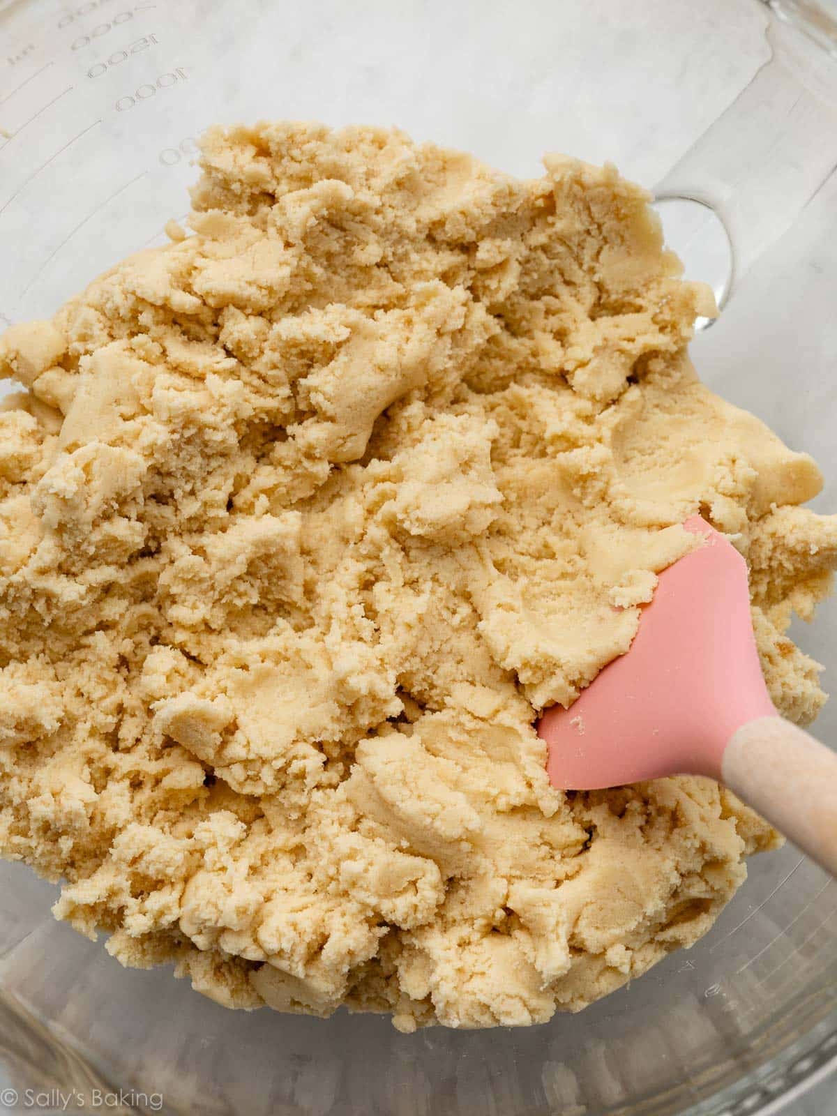 cookie dough in glass bowl.
