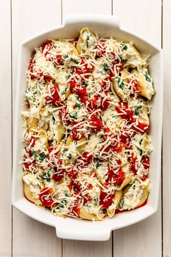 assembled pasta shells with marinara and mozzarella cheese.