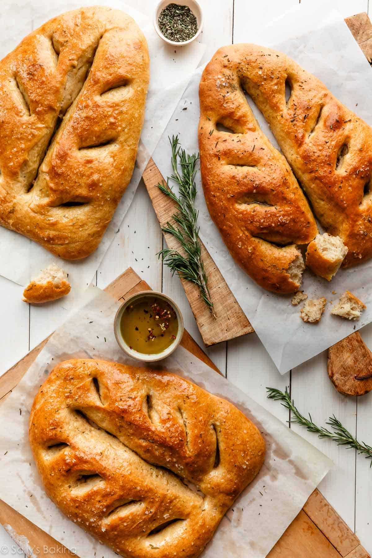 3 shaped fougasse French flatbreads with rosemary.