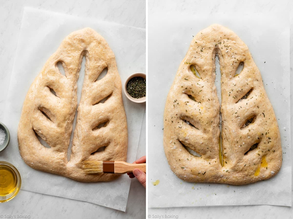 brushing olive oil on and herbs added to shaped dough.